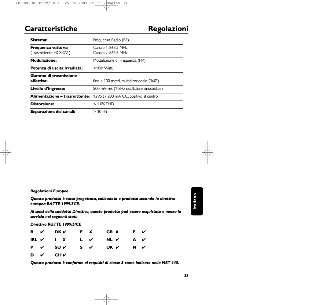 Philips HC 8372 manual Caratteristiche, Regolazioni, Sistema, Frequenza vettore, Modulazione, Potenza di uscita irradiata 