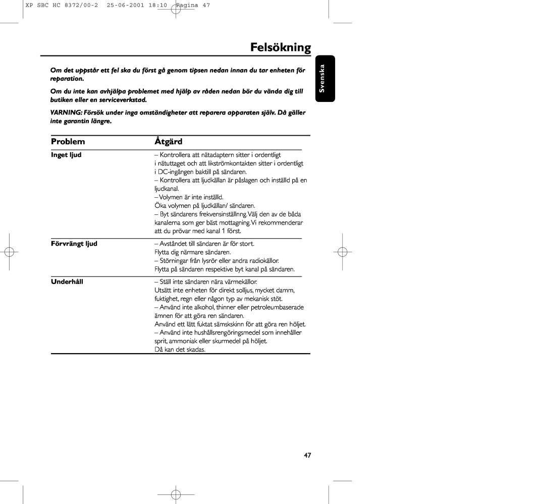 Philips HC 8372 manual Felsökning, Problem, Åtgärd, Inget ljud, Förvrängt ljud, Underhåll 