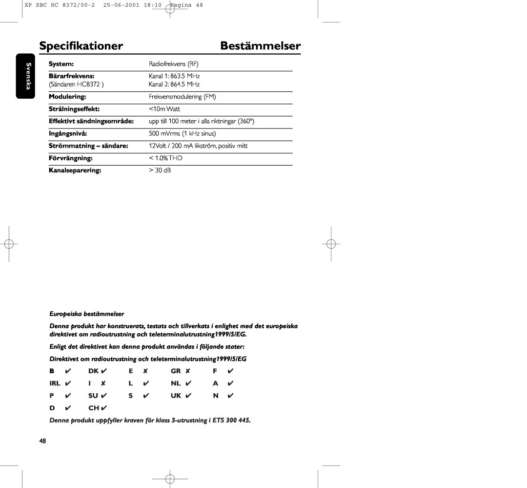 Philips HC 8372 manual Bestämmelser, Speciﬁkationer, System, Bärarfrekvens, Modulering, Strålningseffekt, Ingångsnivå 