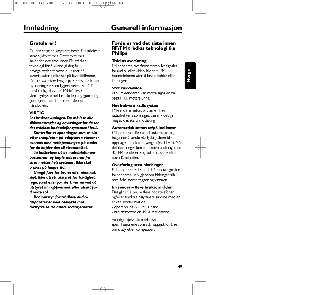 Philips HC 8372 manual Innledning, Generell informasjon, Gratulerer, Viktig, Trådløs overføring, Stor rekkevidde 