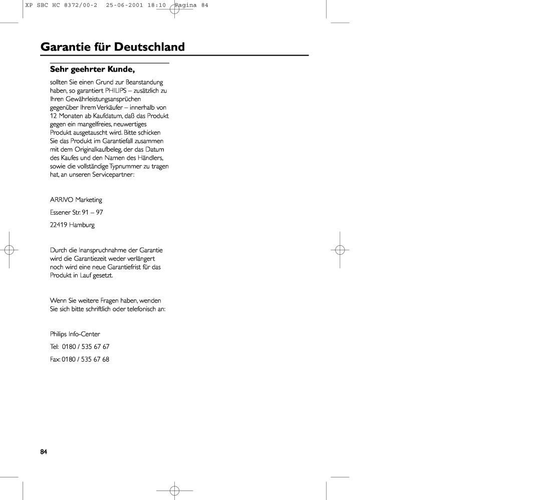 Philips HC 8372 manual Garantie für Deutschland, Sehr geehrter Kunde 