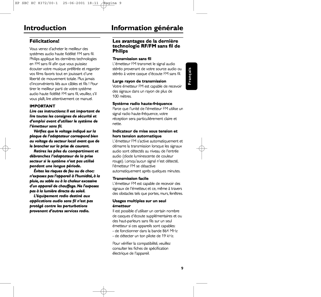 Philips HC 8372 manual Information générale, Introduction, Félicitations, Transmission sans ﬁl, Large rayon de transmission 