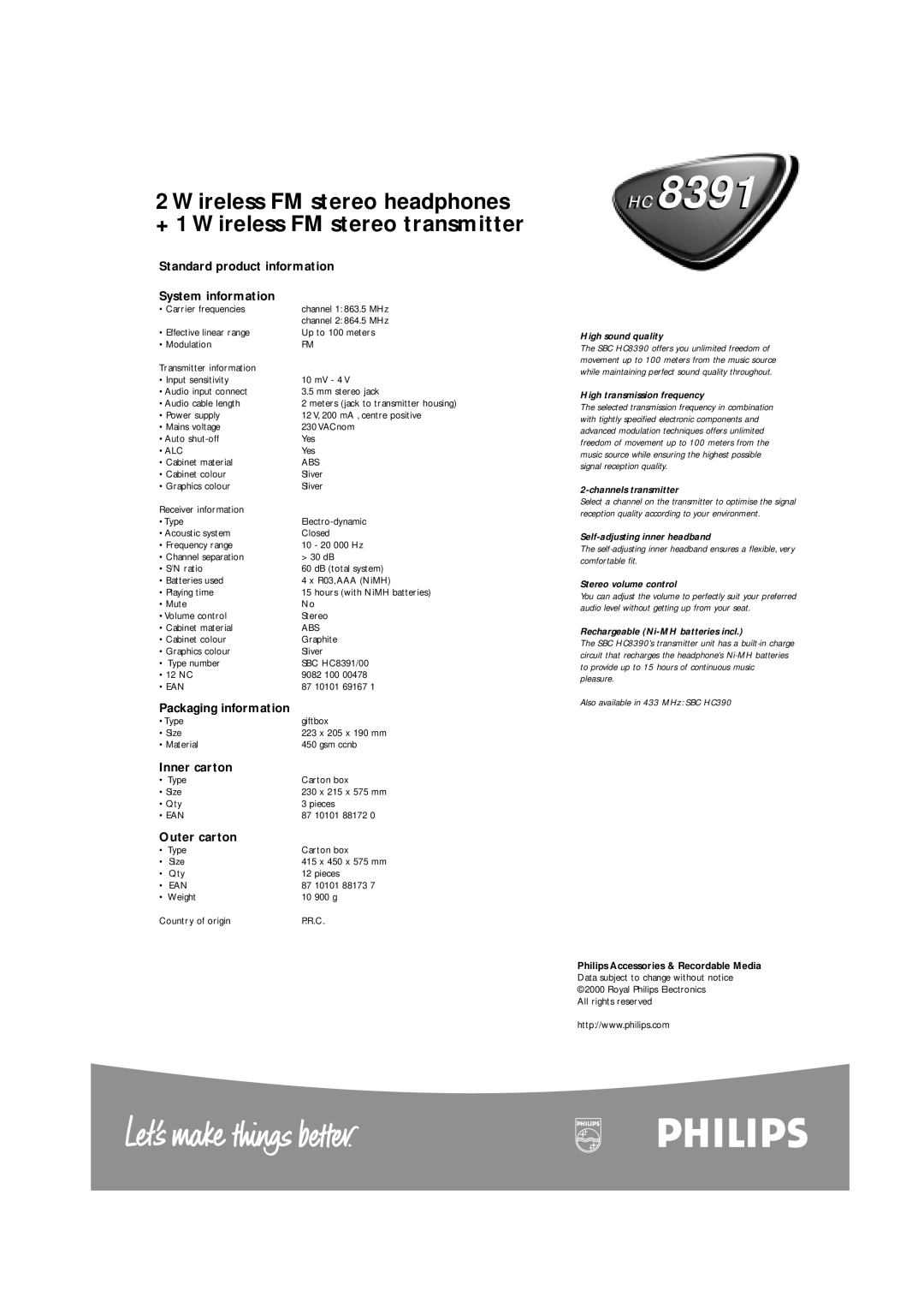 Philips HC 8391 manual Standard product information System information, Inner carton, Outer carton 