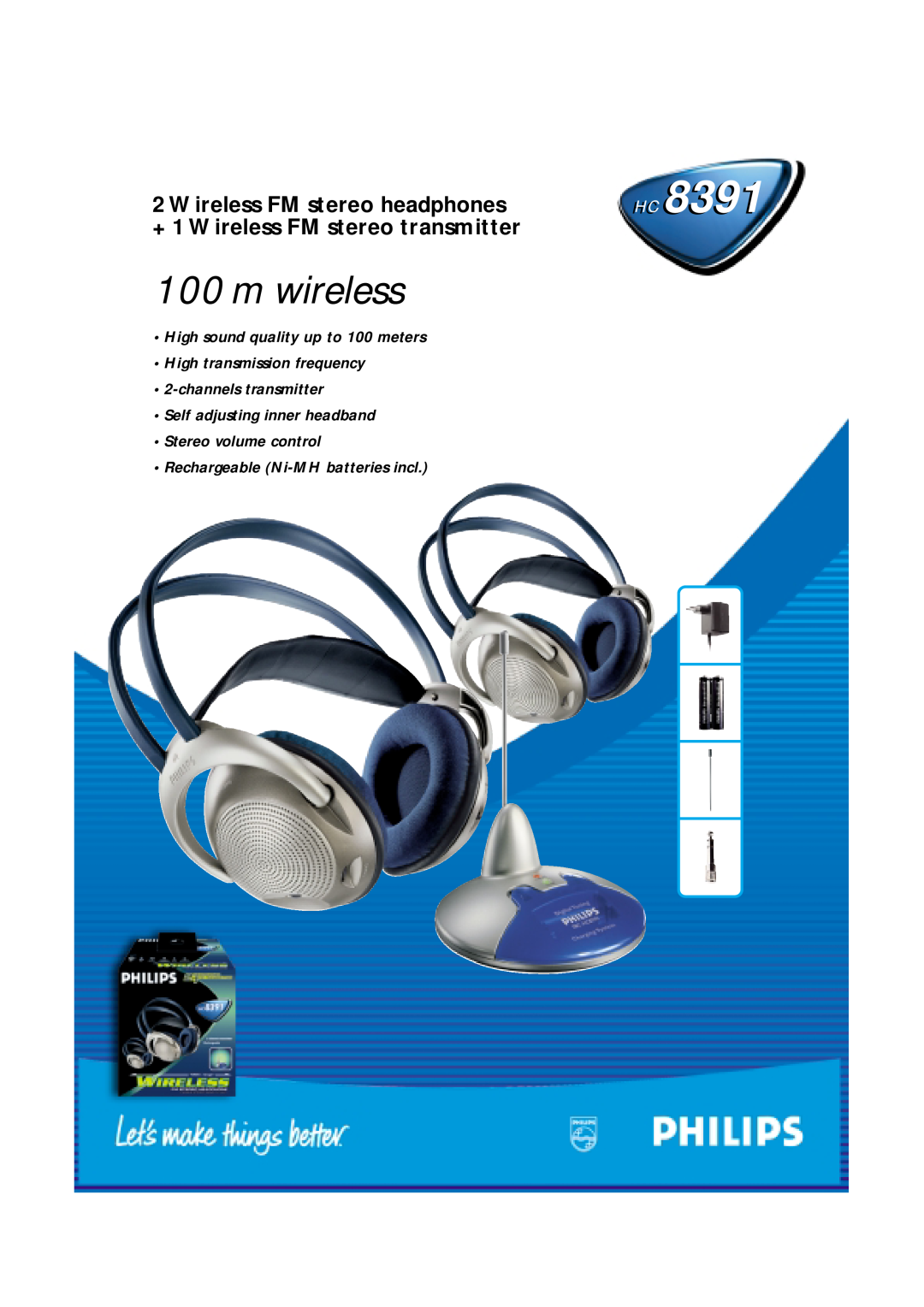 Philips HC 8391 manual Wireless FM stereo headphones, + 1 Wireless FM stereo transmitter, m wireless, channelstransmitter 