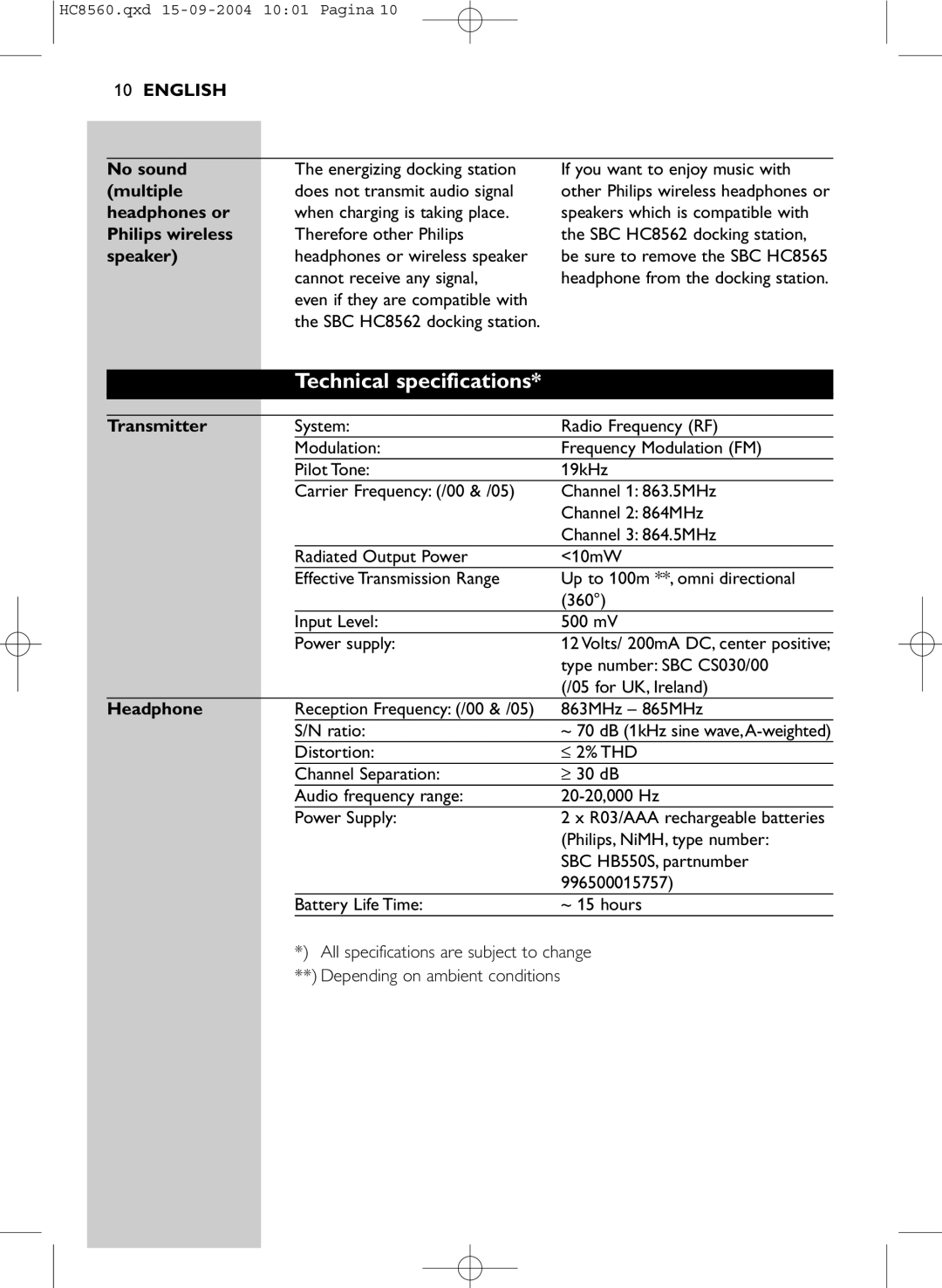 Philips HC 8560 manual Technical specifications 