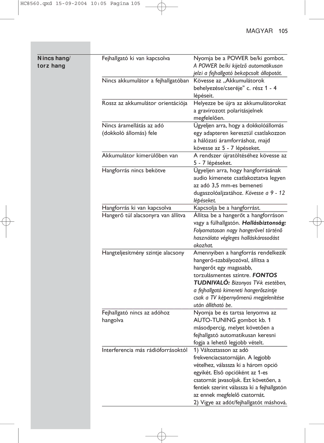 Philips HC 8560 manual Nincs hang, Torz hang, Lépéseket, Okozhat, Után állítható be 