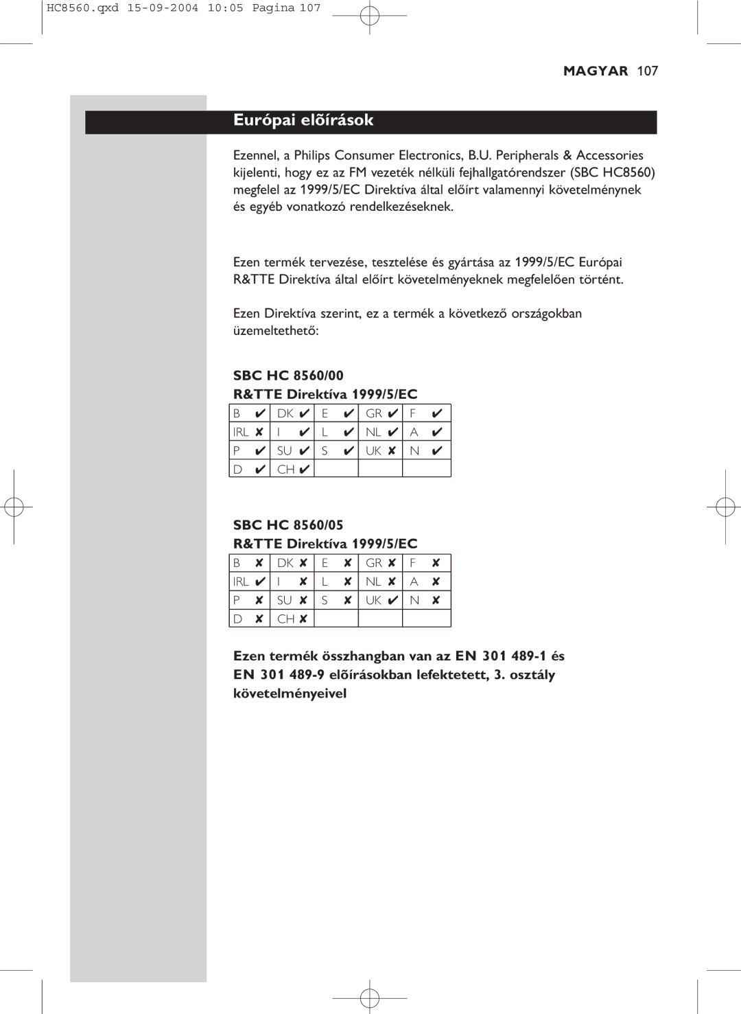 Philips manual Európai elõírások, SBC HC 8560/00 TTE Direktíva 1999/5/EC, SBC HC 8560/05 TTE Direktíva 1999/5/EC 