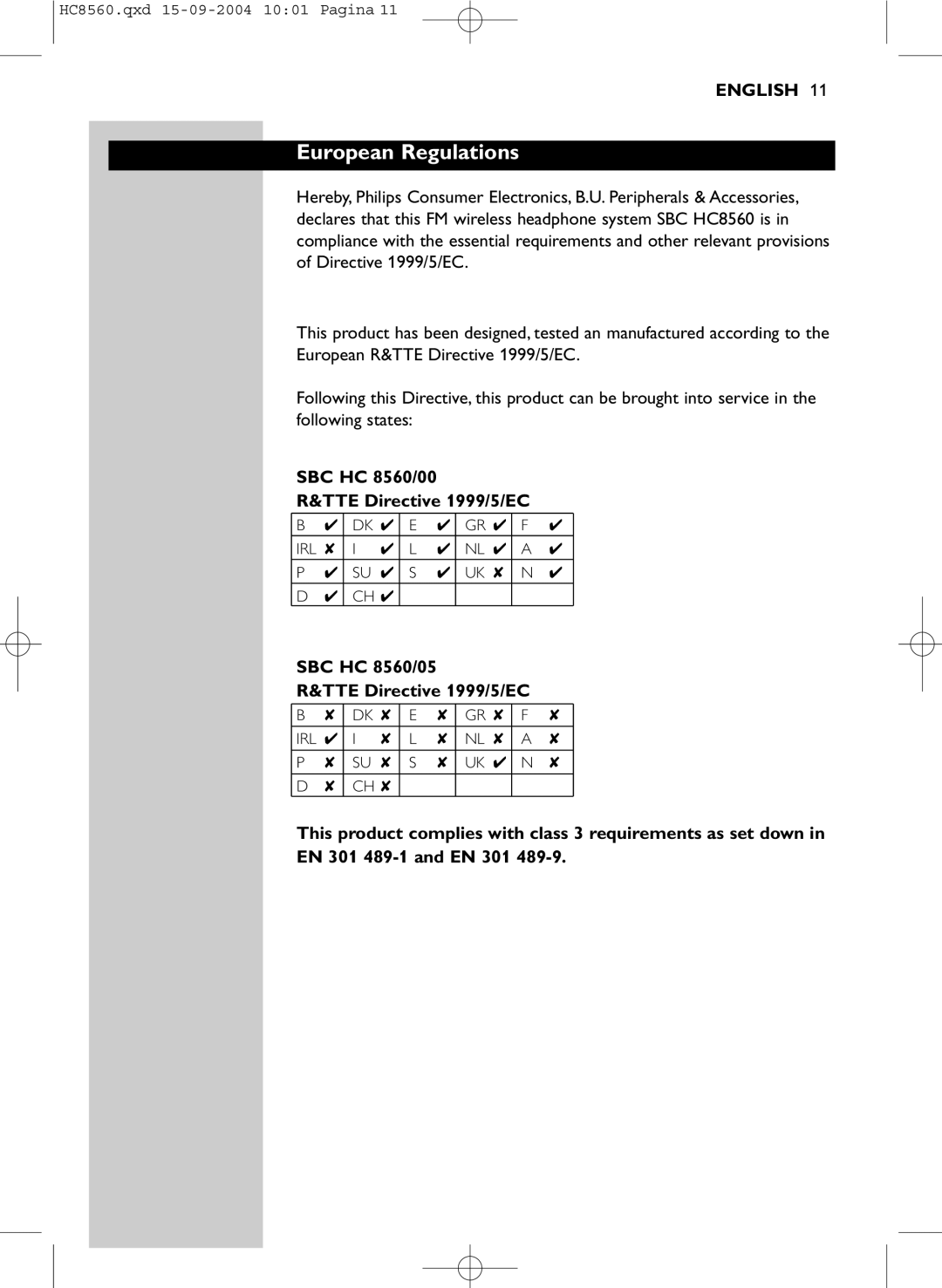 Philips manual European Regulations, SBC HC 8560/00 TTE Directive 1999/5/EC, SBC HC 8560/05 TTE Directive 1999/5/EC 