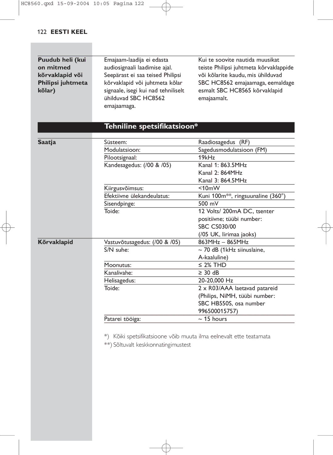 Philips HC 8560 manual Tehniline spetsifikatsioon 