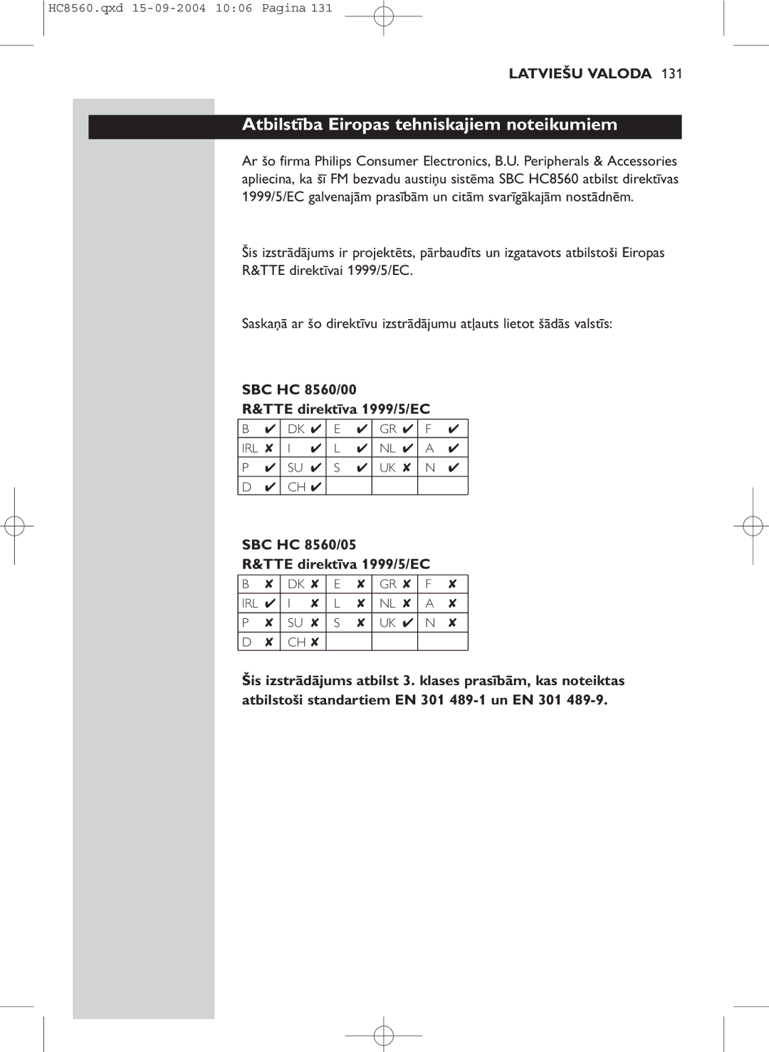 Philips manual Atbilstība Eiropas tehniskajiem noteikumiem, SBC HC 8560/00 TTE direktīva 1999/5/EC 