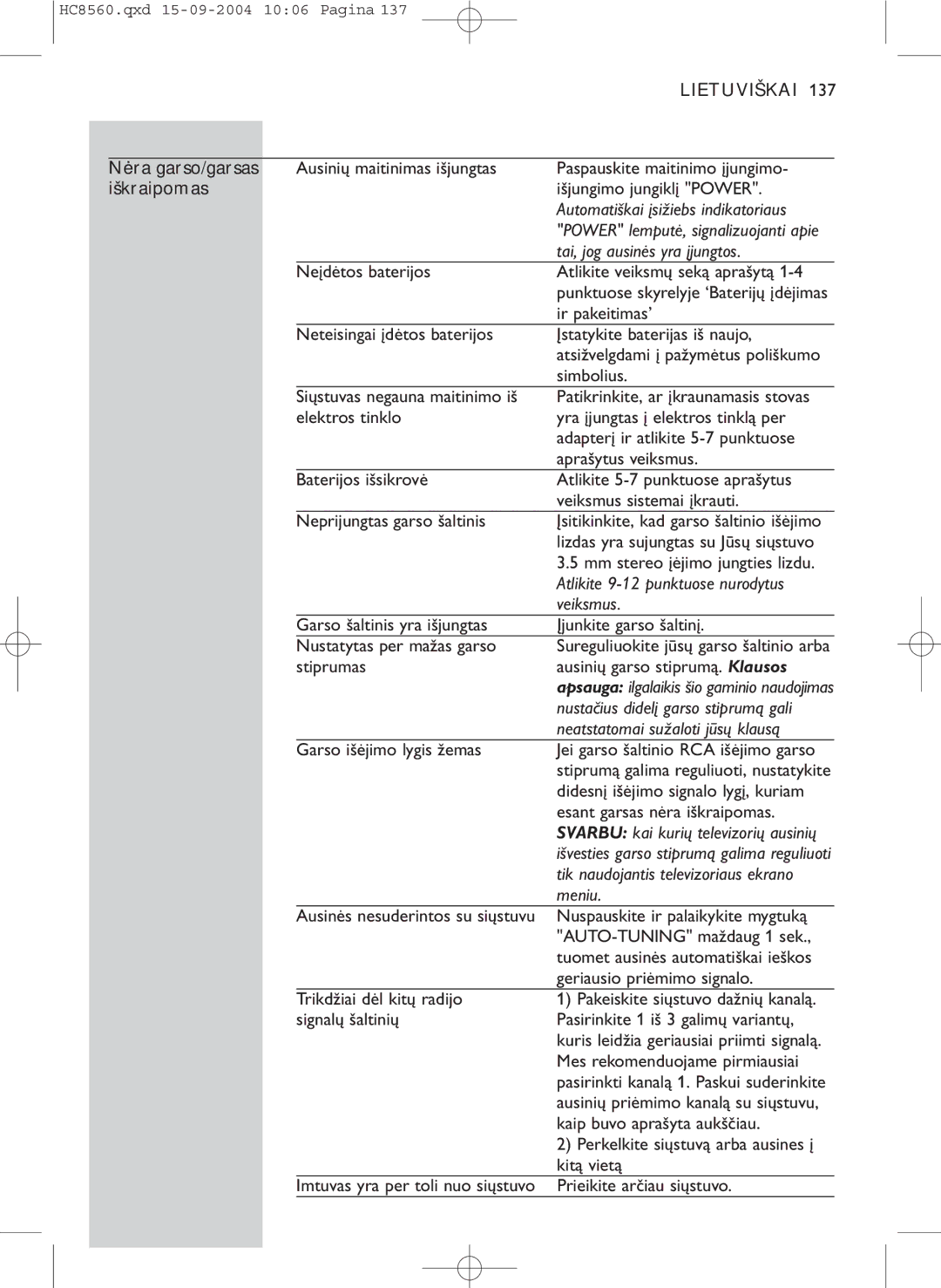 Philips HC 8560 manual Iškraipomas 