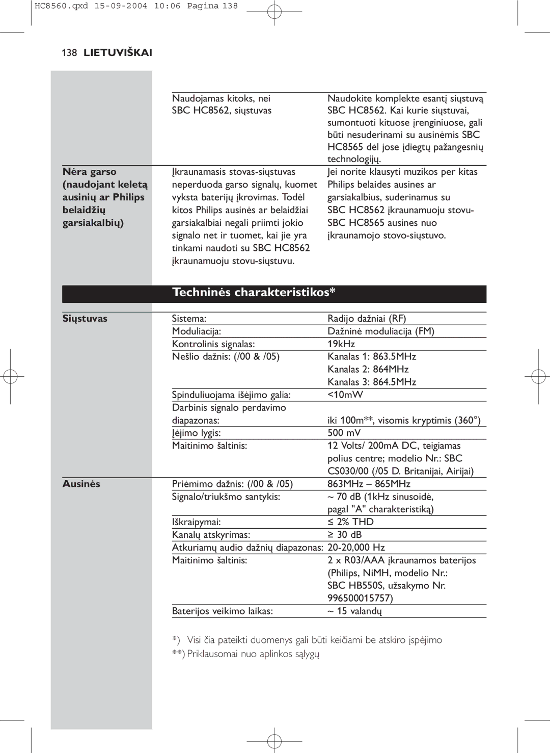 Philips HC 8560 manual Techninės charakteristikos 