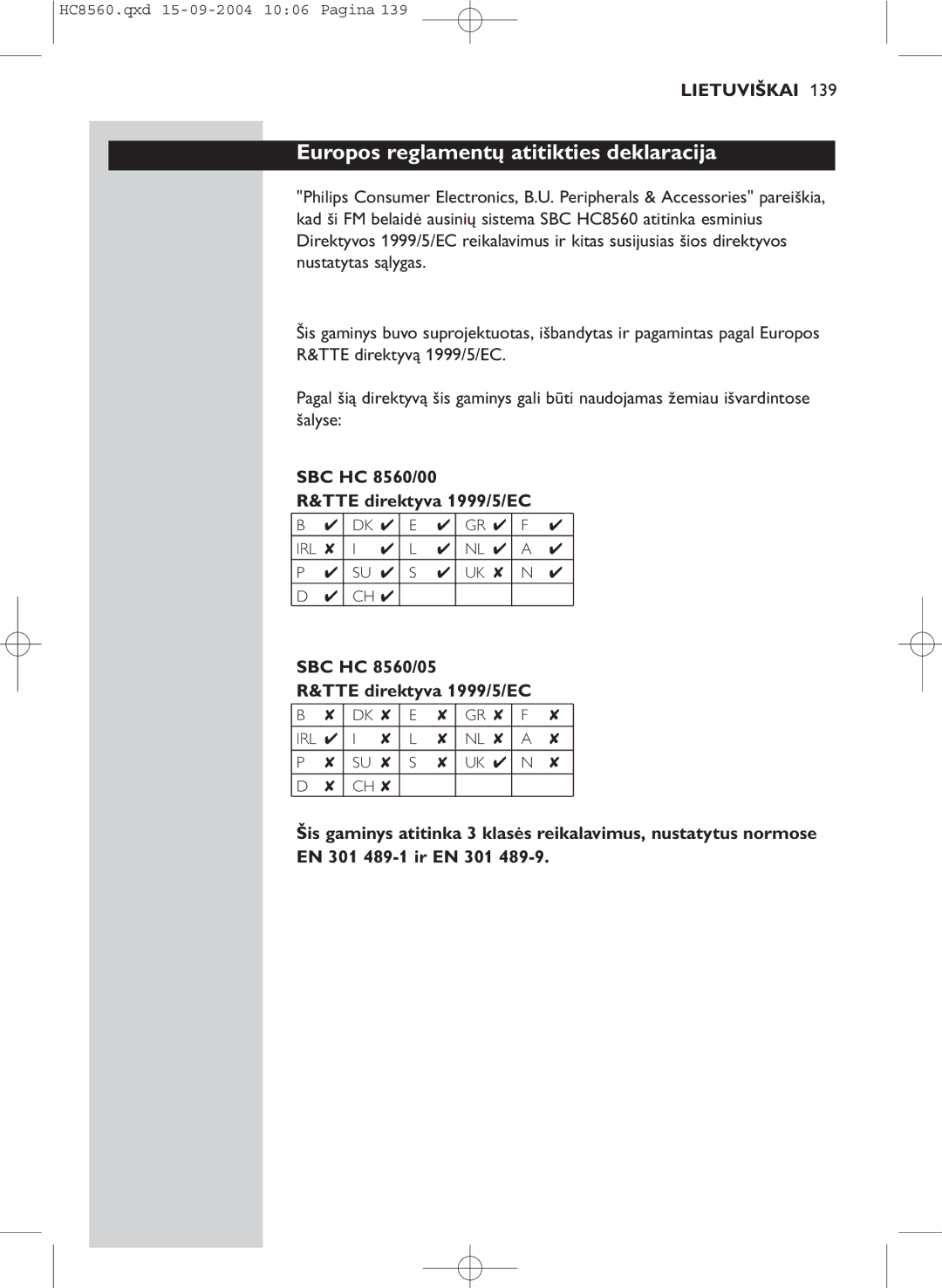 Philips manual Europos reglamentų atitikties deklaracija, SBC HC 8560/00 TTE direktyva 1999/5/EC 