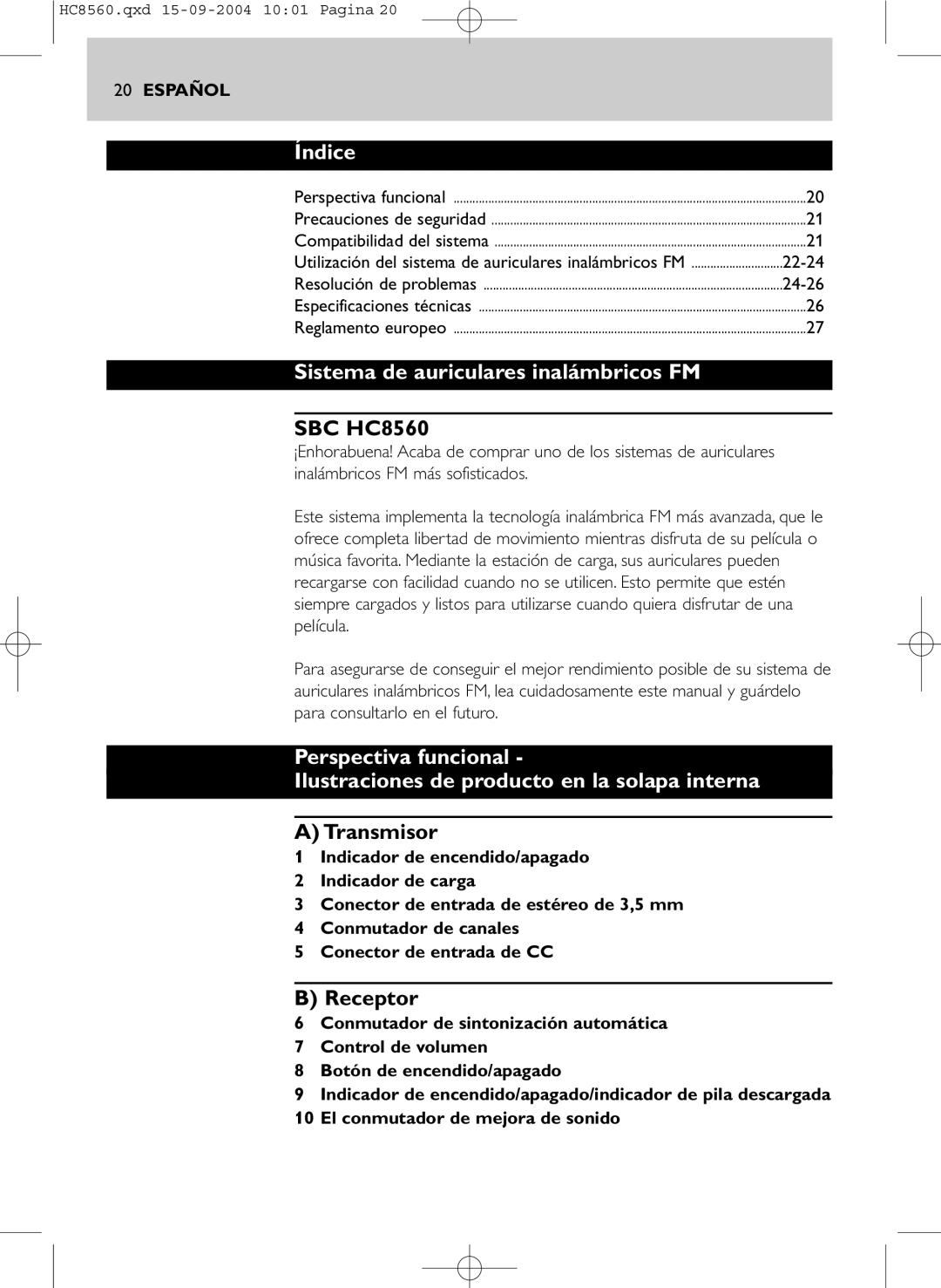 Philips HC 8560 manual Índice, Sistema de auriculares inalámbricos FM, Transmisor, Receptor 