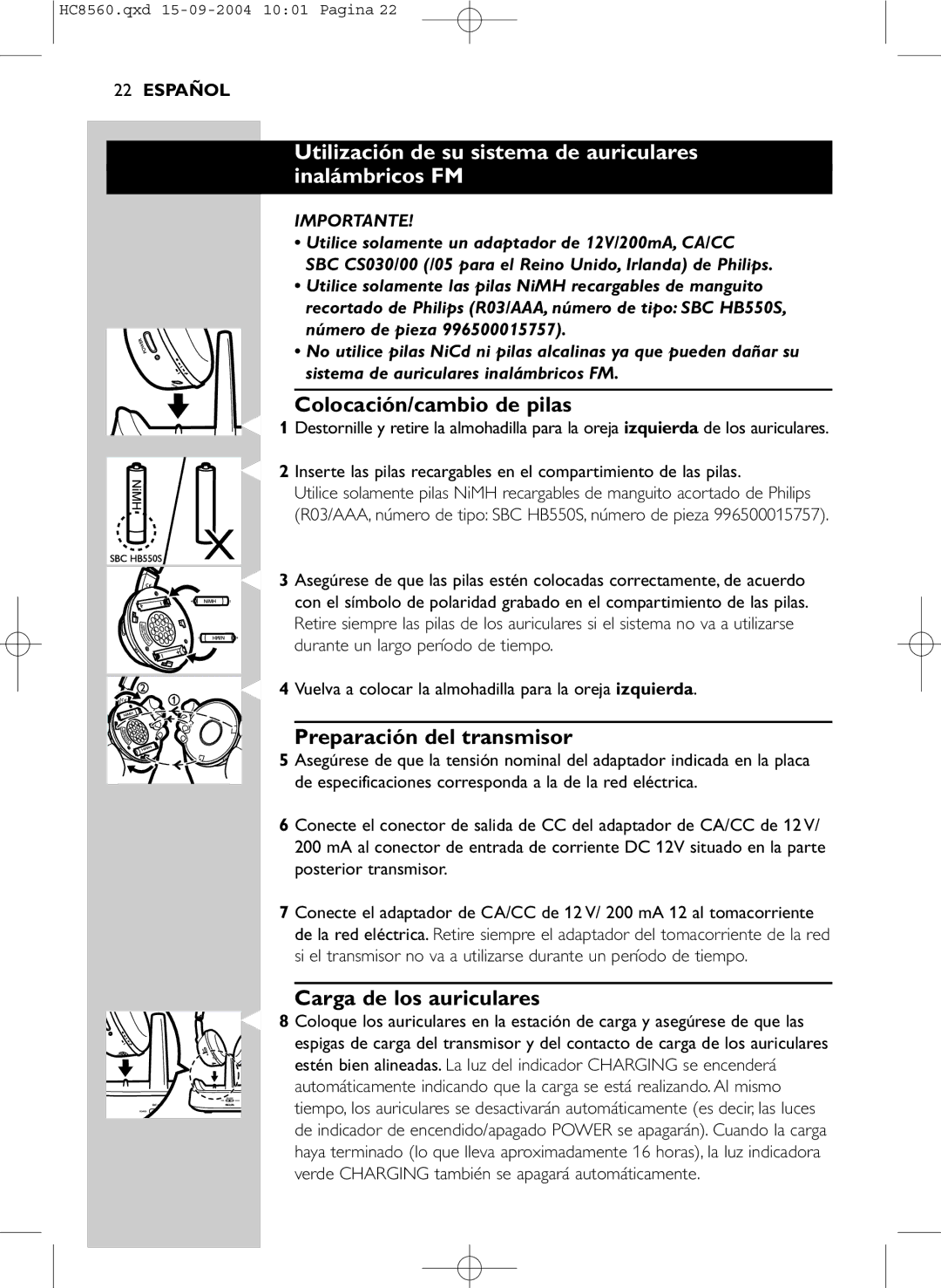 Philips HC 8560 manual Utilización de su sistema de auriculares Inalámbricos FM, Colocación/cambio de pilas, Importante 