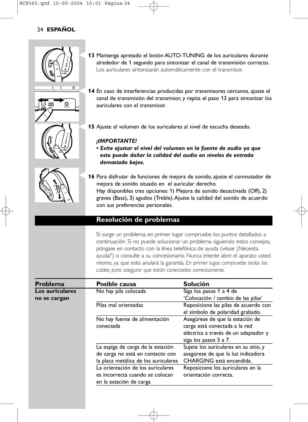 Philips HC 8560 manual Resolución de problemas, Problema Posible causa Solución, Los auriculares, No se cargan 