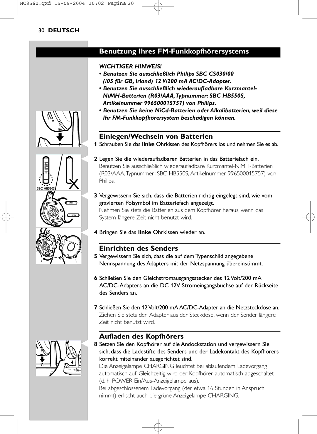 Philips HC 8560 manual Benutzung Ihres FM-Funkkopfhörersystems, Einlegen/Wechseln von Batterien, Einrichten des Senders 