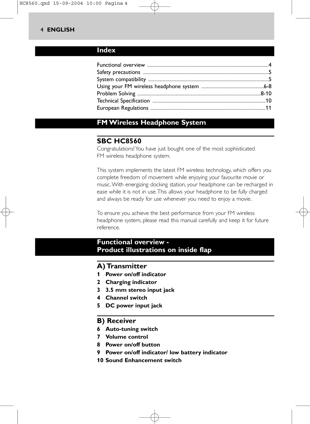 Philips HC 8560 manual Index, FM Wireless Headphone System, Functional overview Product illustrations on inside flap 