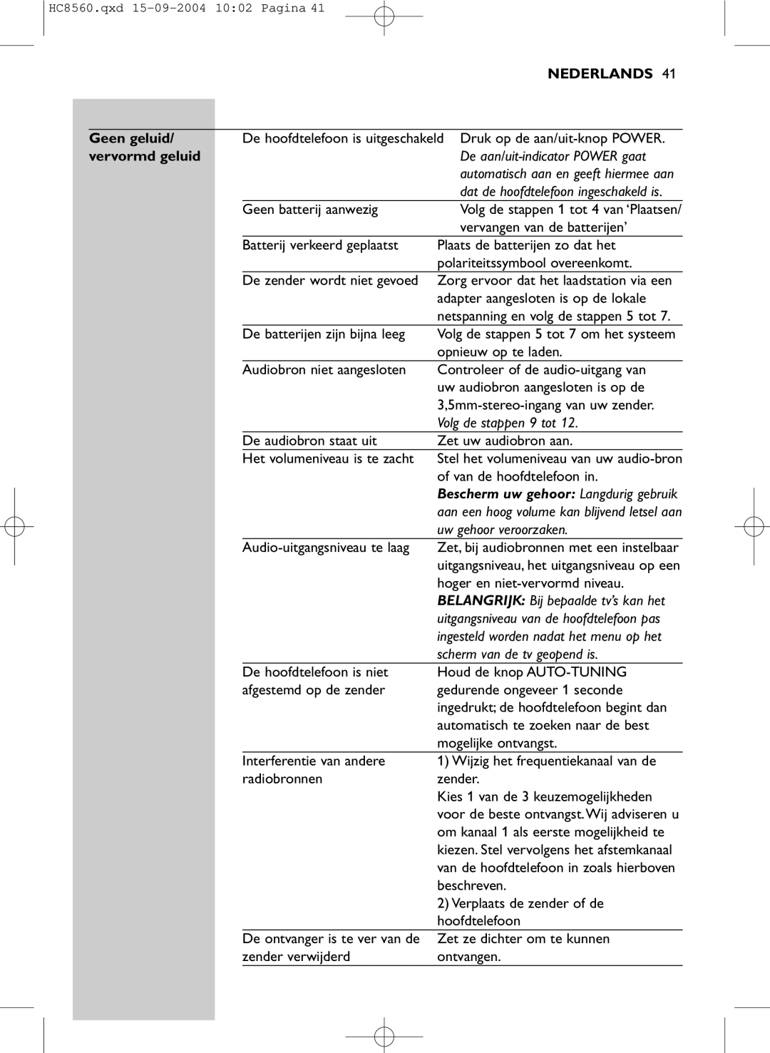 Philips HC 8560 manual Geen geluid, Vervormd geluid 