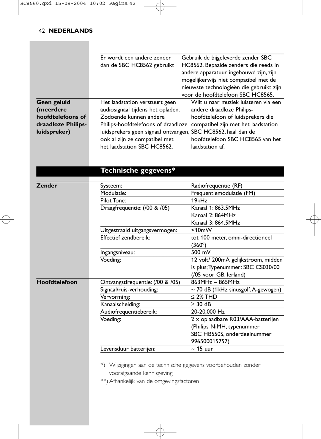 Philips HC 8560 manual Technische gegevens 