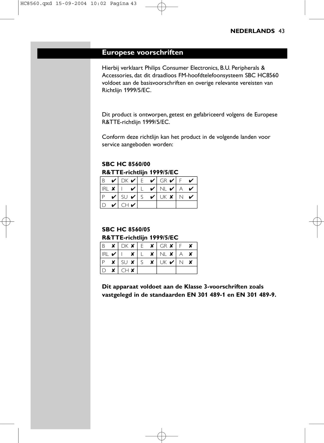 Philips manual Europese voorschriften, SBC HC 8560/00 TTE-richtlijn 1999/5/EC, SBC HC 8560/05 TTE-richtlijn 1999/5/EC 