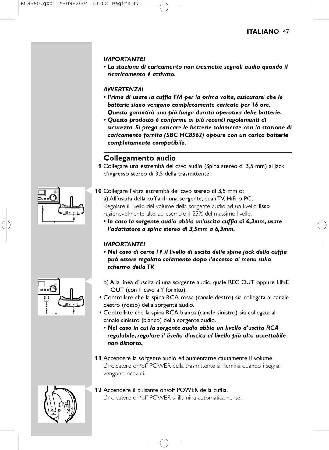 Philips HC 8560 manual Collegamento audio, Avvertenza 