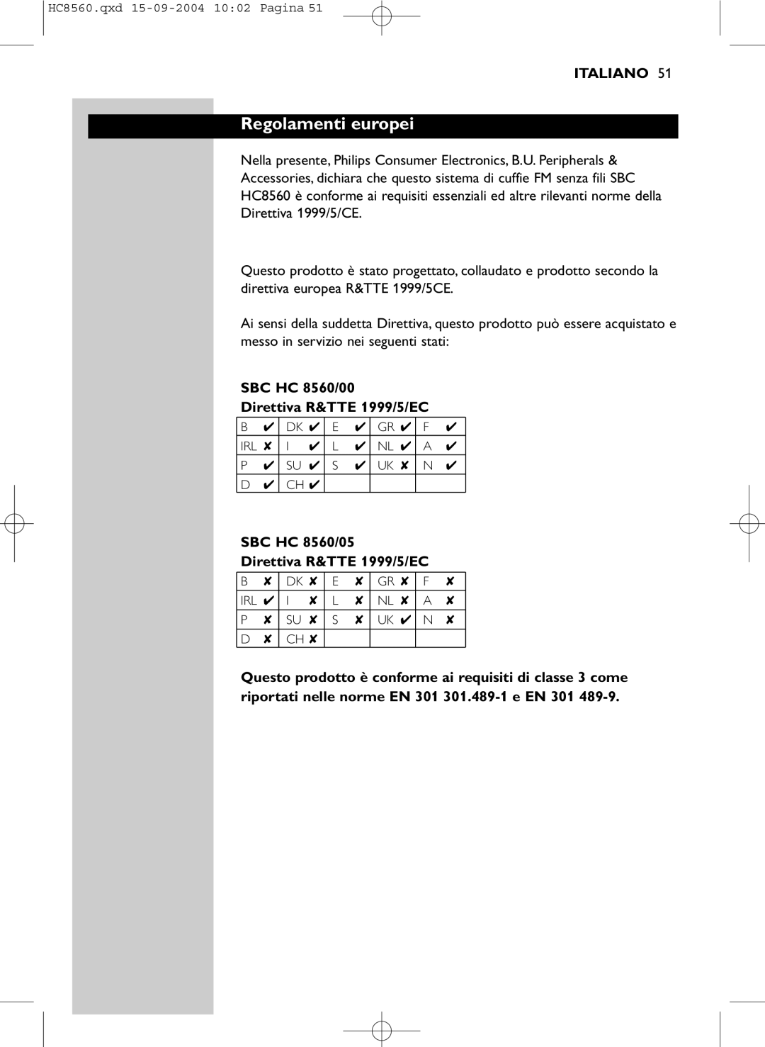 Philips manual Regolamenti europei, SBC HC 8560/00 Direttiva R&TTE 1999/5/EC, SBC HC 8560/05 Direttiva R&TTE 1999/5/EC 