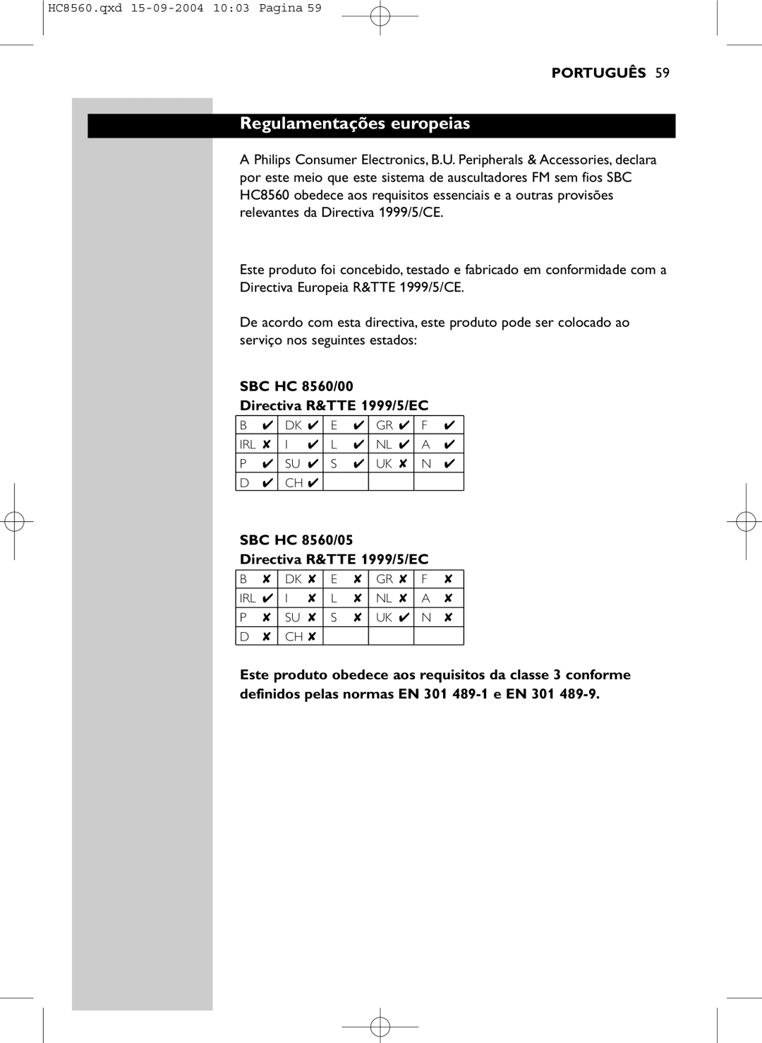 Philips manual Regulamentações europeias, SBC HC 8560/00 Directiva R&TTE 1999/5/EC 