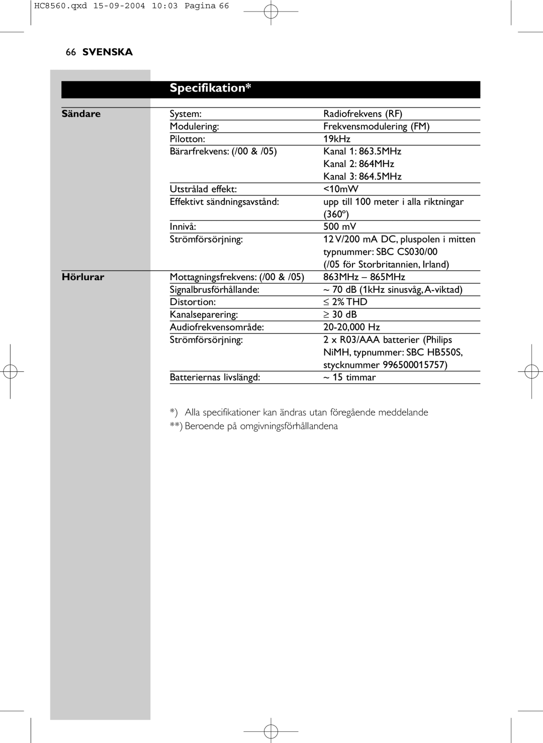 Philips HC 8560 manual Specifikation, Sändare, 05 för Storbritannien, Irland, Hörlurar 