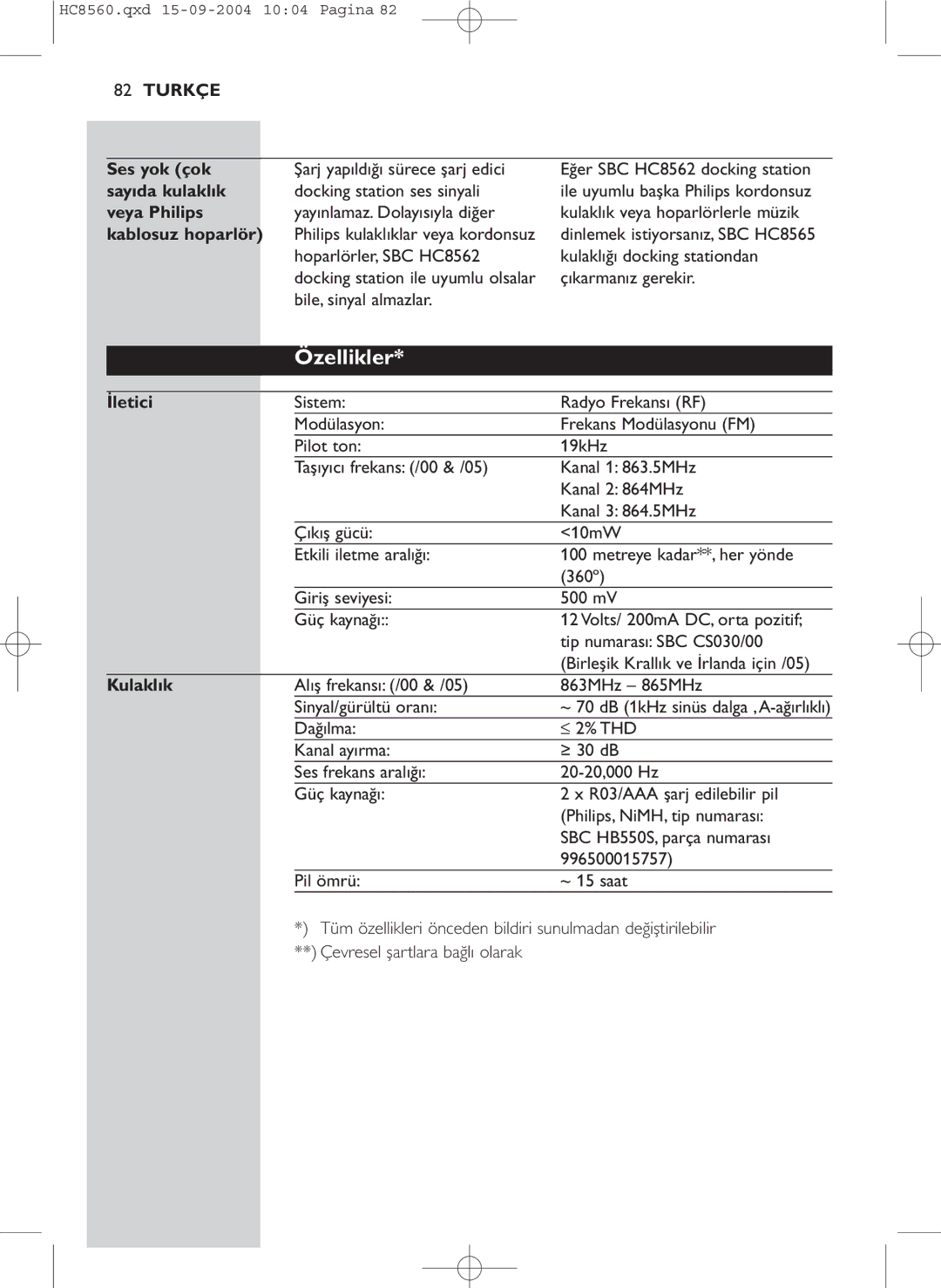 Philips HC 8560 manual Özellikler 