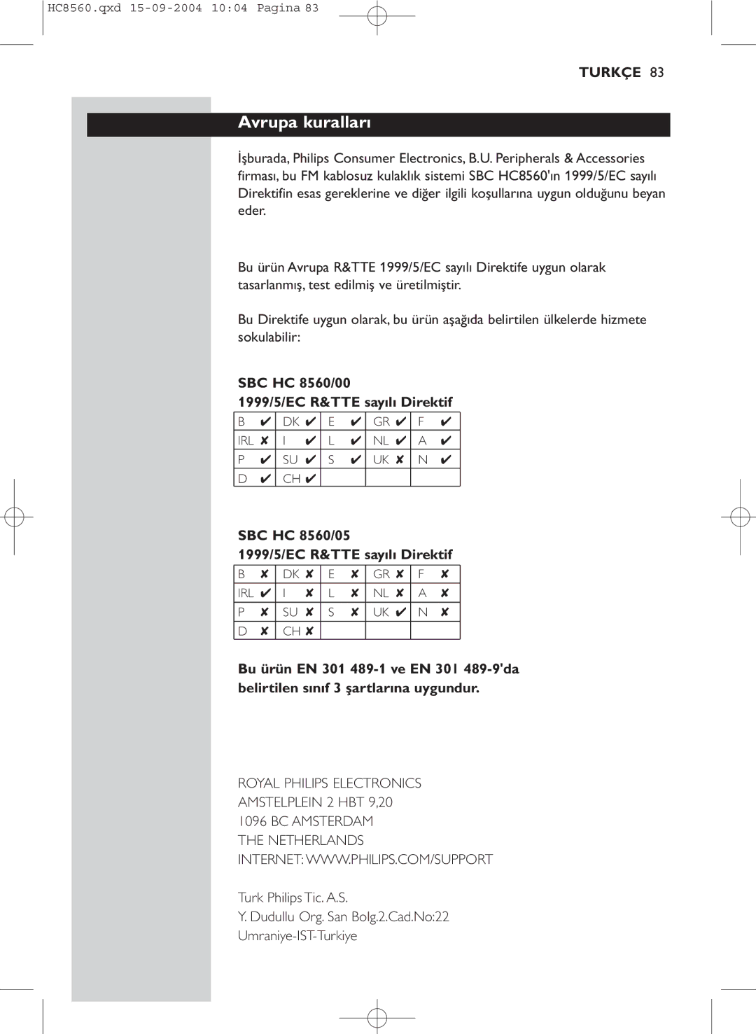 Philips manual Avrupa kuralları, SBC HC 8560/00 1999/5/EC R&TTE sayılı Direktif 