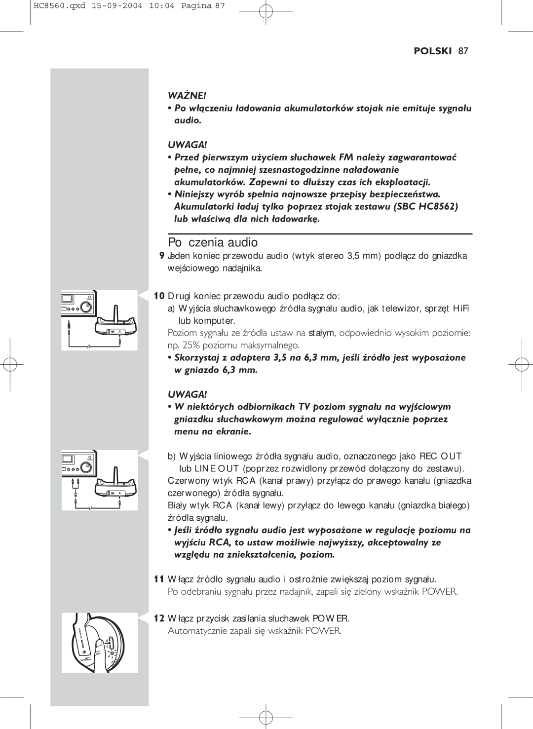 Philips HC 8560 manual Połączenia audio, Uwaga 