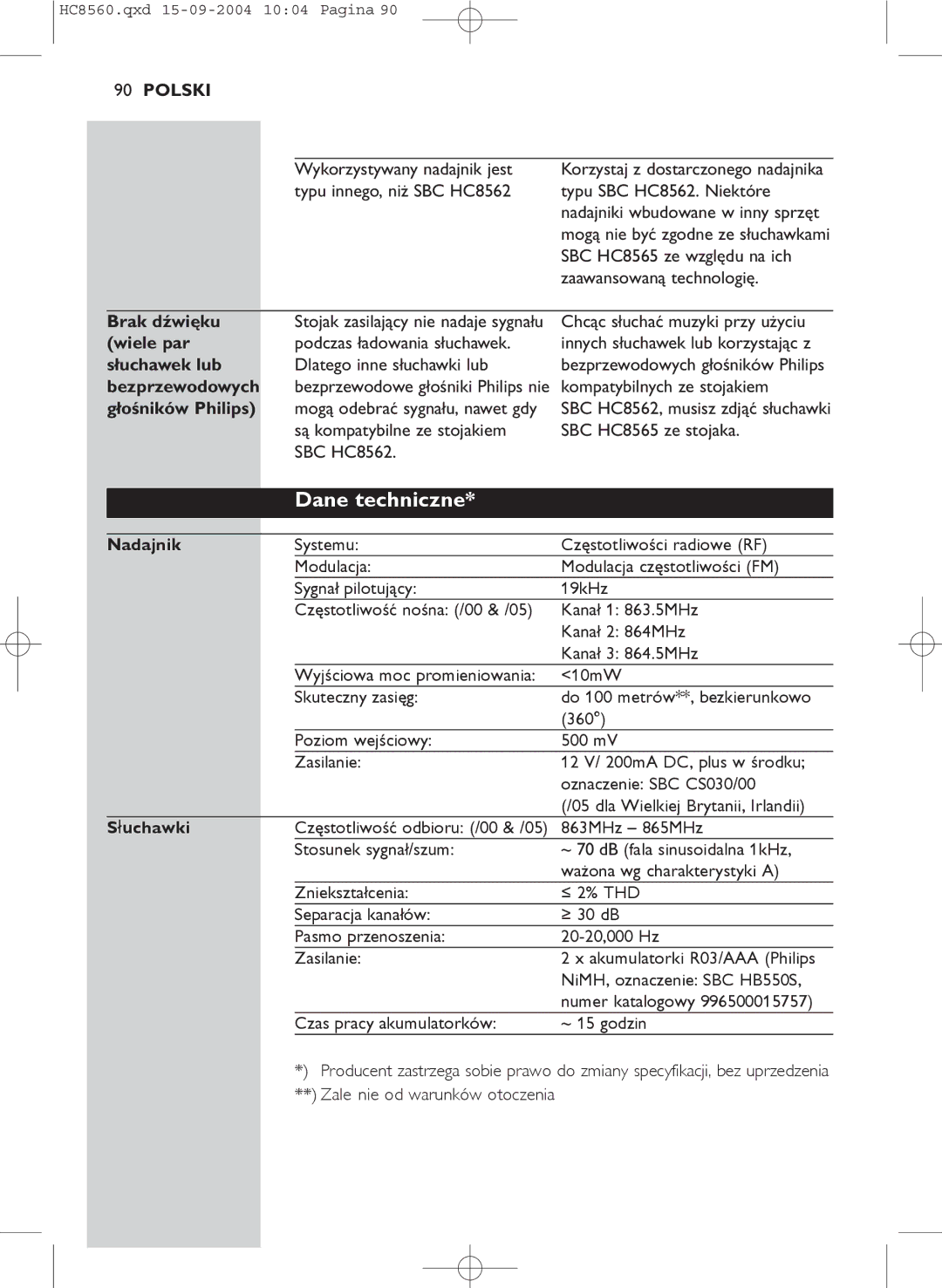 Philips HC 8560 manual Dane techniczne 