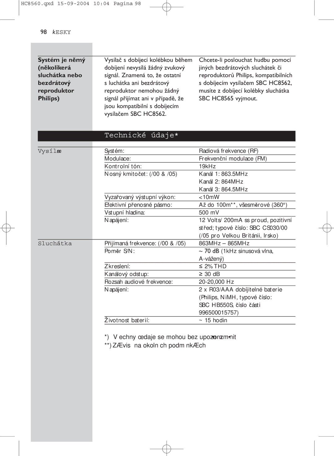 Philips HC 8560 manual Technické údaje 