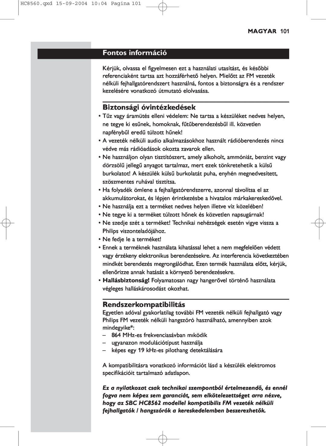 Philips HC 8560 manual Fontos információ, Biztonsági óvintézkedések, Rendszerkompatibilitás, Magyar 