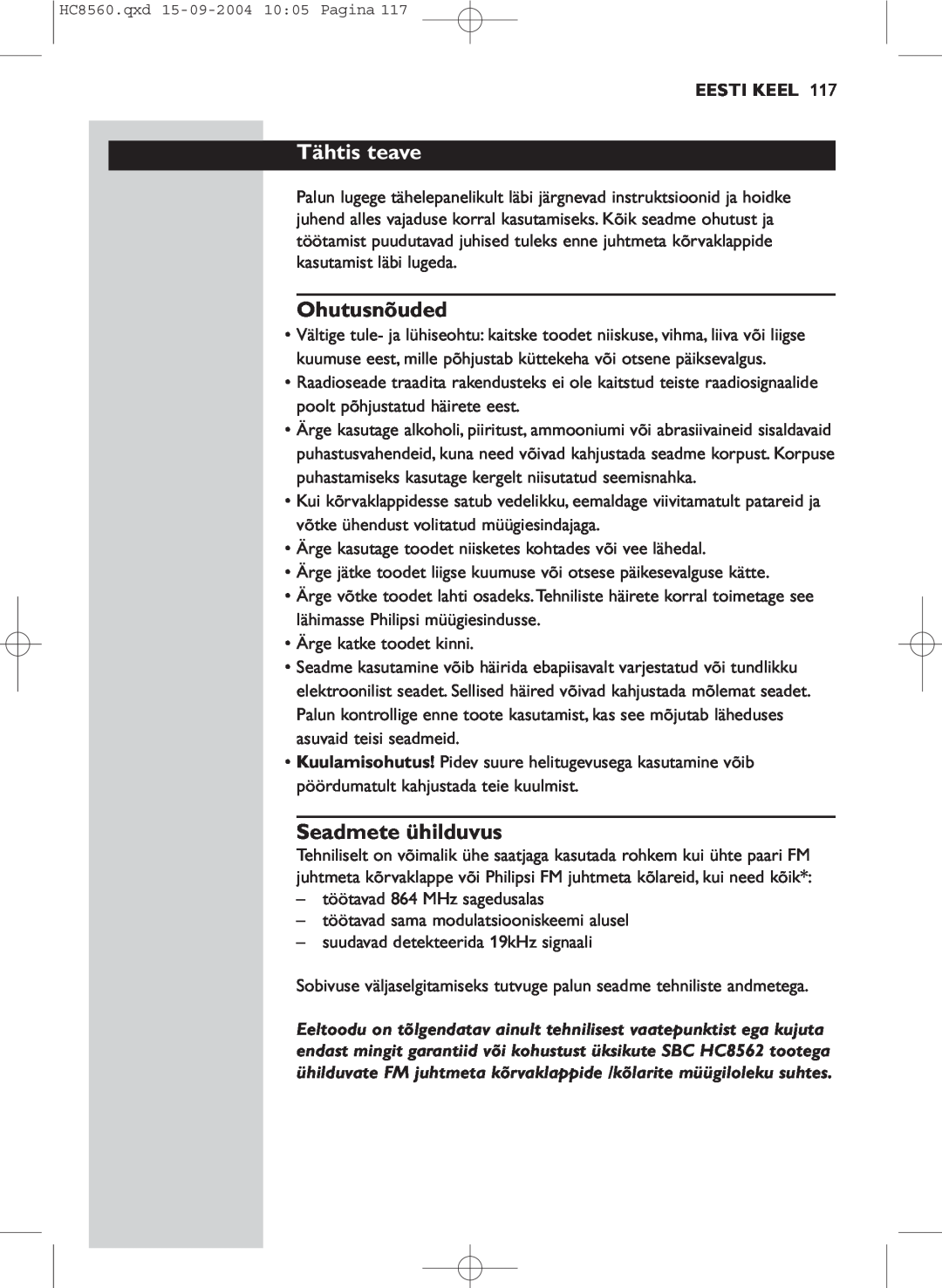 Philips HC 8560 manual Tähtis teave, Ohutusnõuded, Seadmete ühilduvus, Eesti Keel 