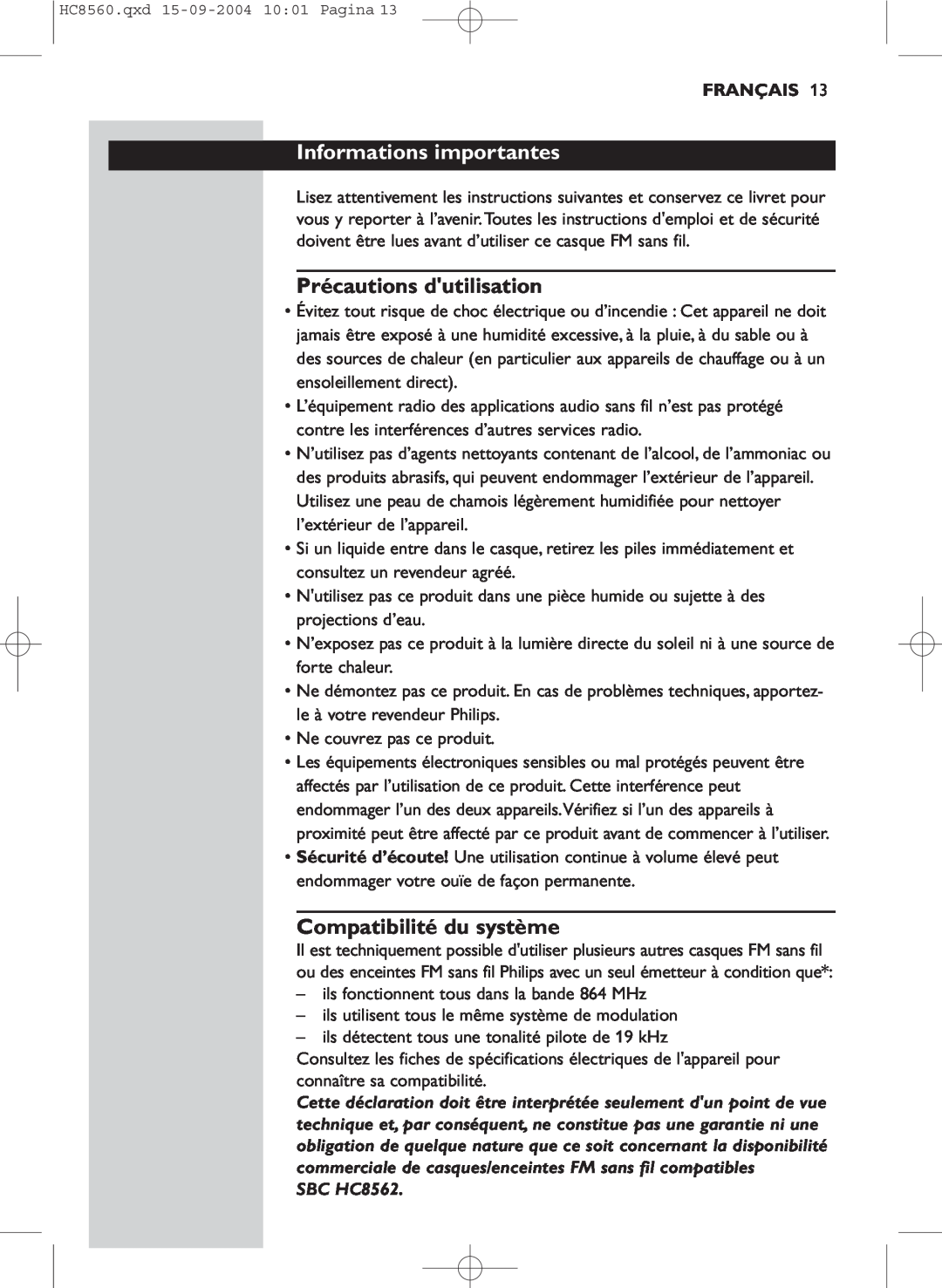 Philips HC 8560 manual Informations importantes, Précautions dutilisation, Compatibilité du système, Français, SBC HC8562 