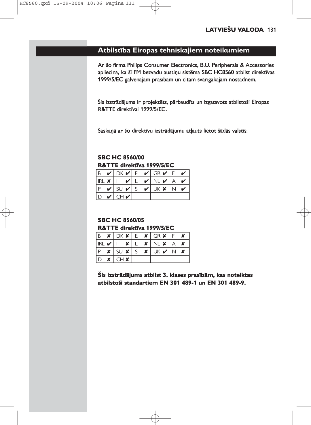 Philips manual Atbilstība Eiropas tehniskajiem noteikumiem, Latviešu Valoda, SBC HC 8560/00 R&TTE direktīva 1999/5/EC 