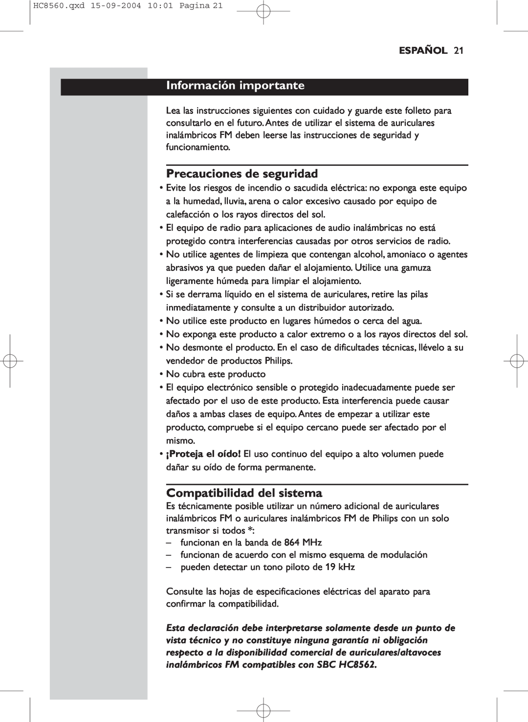 Philips HC 8560 manual Información importante, Precauciones de seguridad, Compatibilidad del sistema, Español 