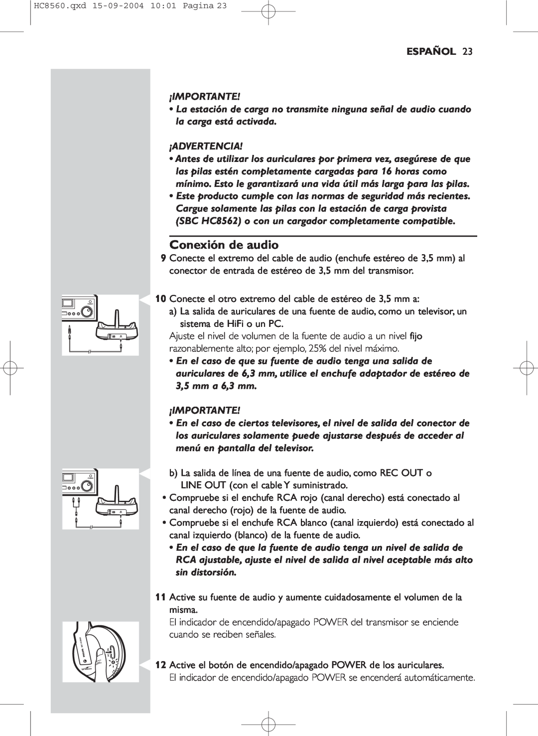 Philips HC 8560 manual Conexión de audio, Español, ¡Importante, ¡Advertencia 