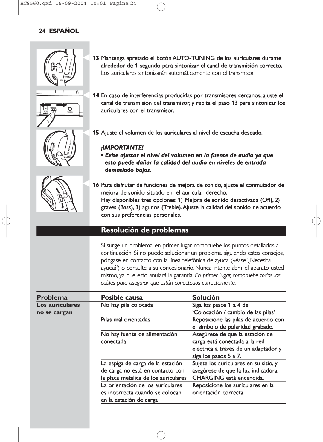Philips HC 8560 manual Resolución de problemas, Español, ¡Importante, Los auriculares, no se cargan 