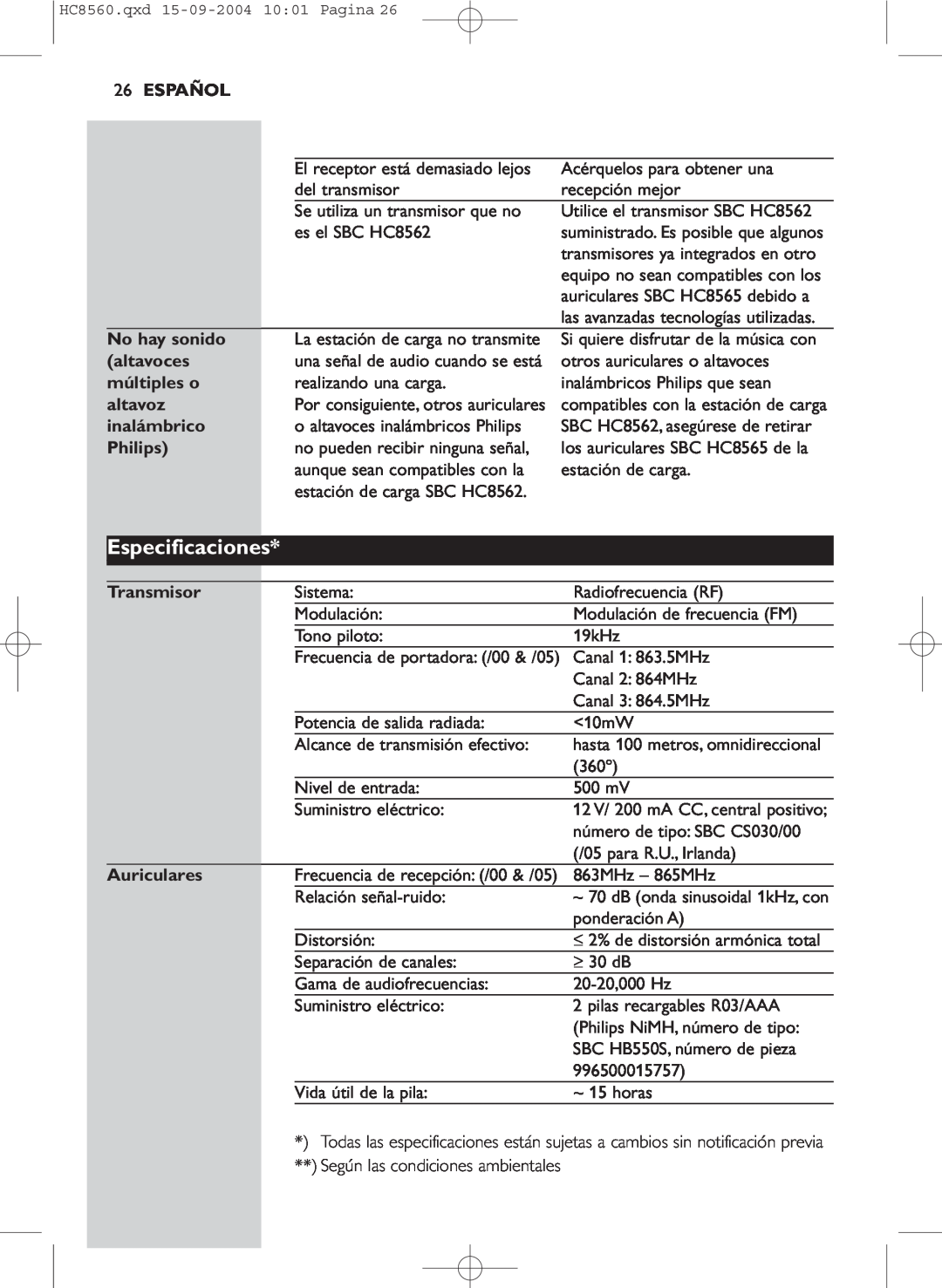 Philips HC 8560 manual Especificaciones, 26ESPAÑOL, No hay sonido, altavoces, múltiples o, altavoz, inalámbrico, Philips 