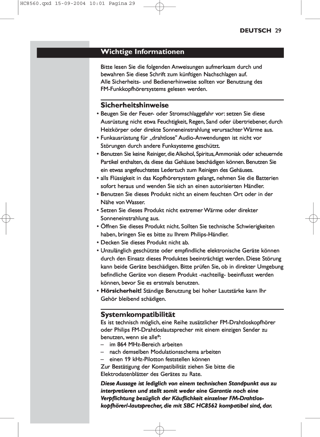 Philips HC 8560 manual Wichtige Informationen, Sicherheitshinweise, Systemkompatibilität, Deutsch 