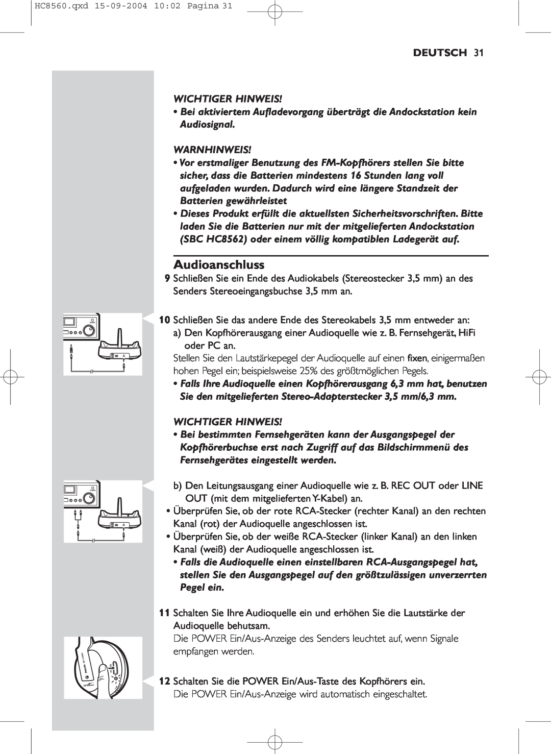Philips HC 8560 manual Audioanschluss, Deutsch, Wichtiger Hinweis, Warnhinweis 