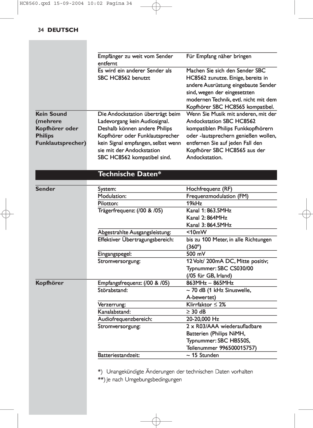 Philips HC 8560 manual Technische Daten, Deutsch, Kein Sound, mehrere, Kopfhörer oder, Philips, Funklautsprecher, Sender 