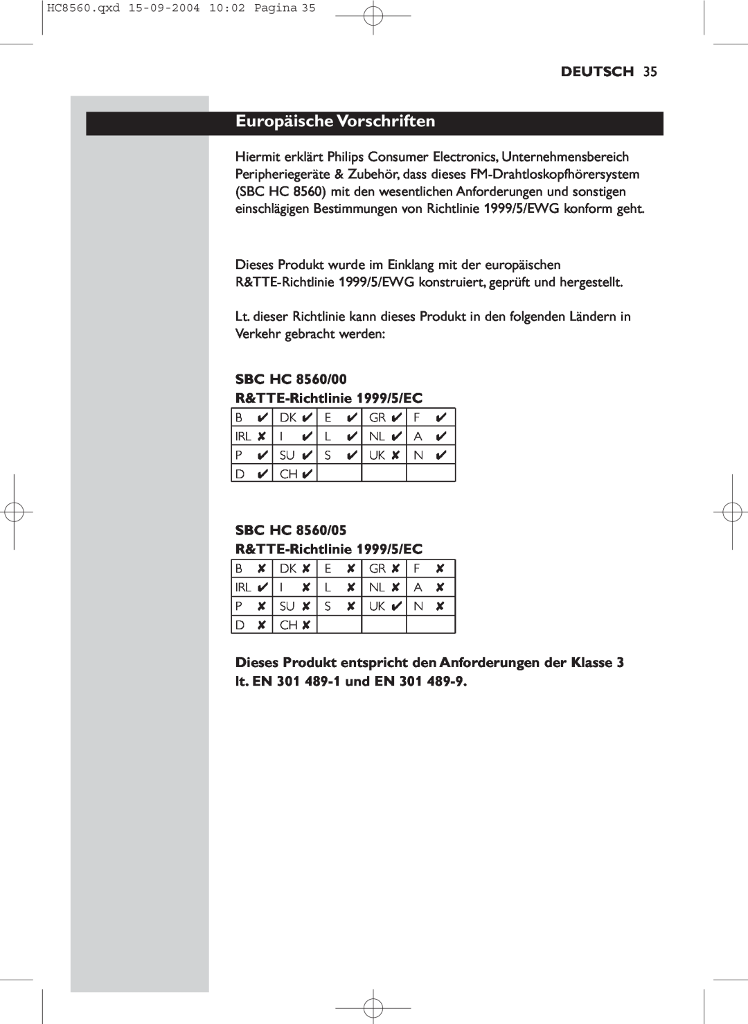 Philips manual Europäische Vorschriften, Deutsch, SBC HC 8560/00 R&TTE-Richtlinie1999/5/EC 