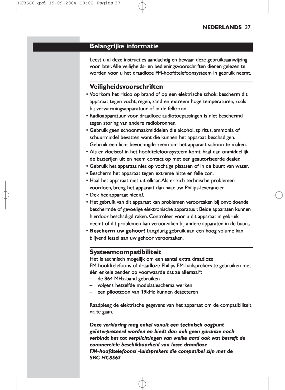 Philips HC 8560 manual Belangrijke informatie, Veiligheidsvoorschriften, Systeemcompatibiliteit, Nederlands 