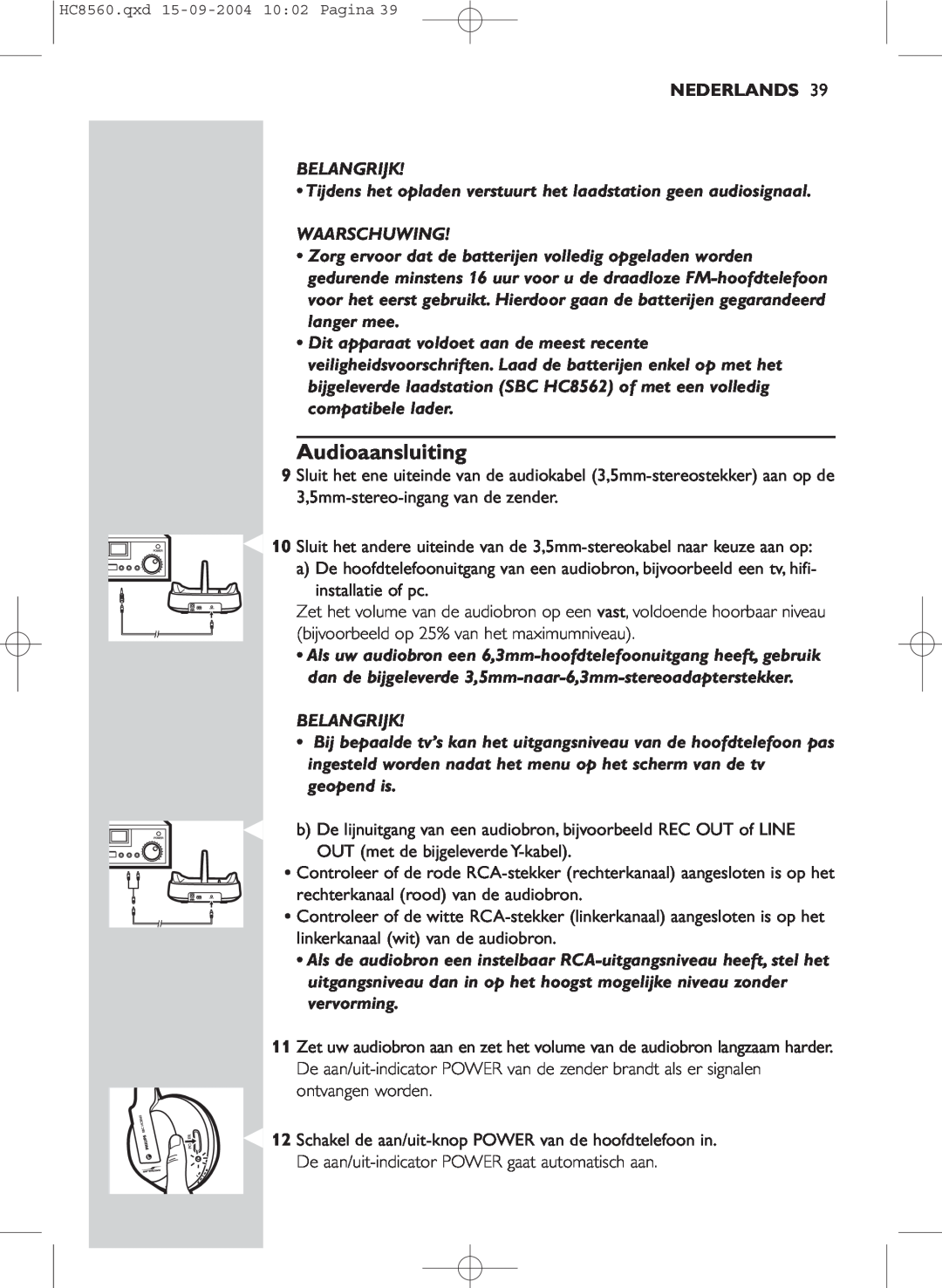 Philips HC 8560 manual Audioaansluiting, Nederlands, Belangrijk, Waarschuwing 
