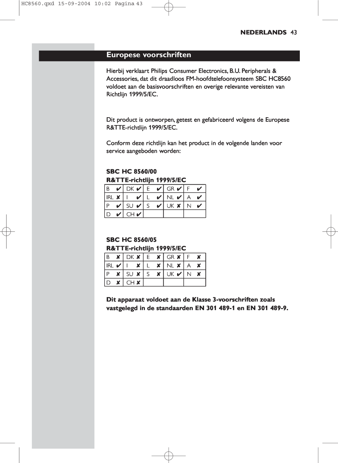 Philips manual Europese voorschriften, Nederlands, SBC HC 8560/00 R&TTE-richtlijn1999/5/EC 