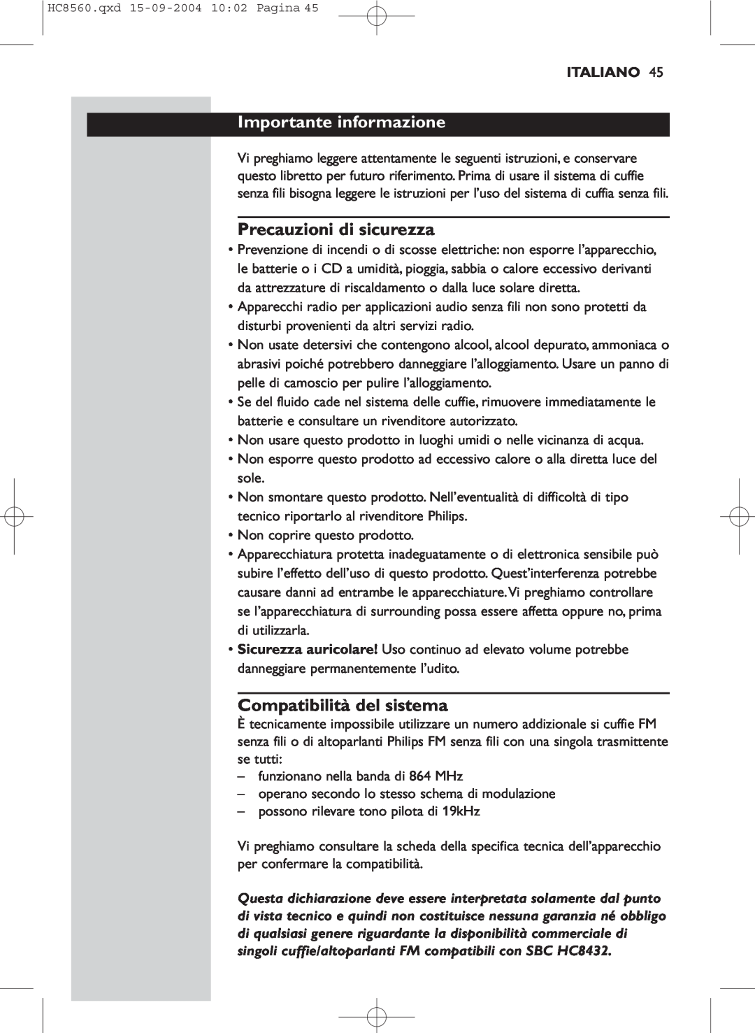 Philips HC 8560 manual Importante informazione, Precauzioni di sicurezza, Compatibilità del sistema, Italiano 